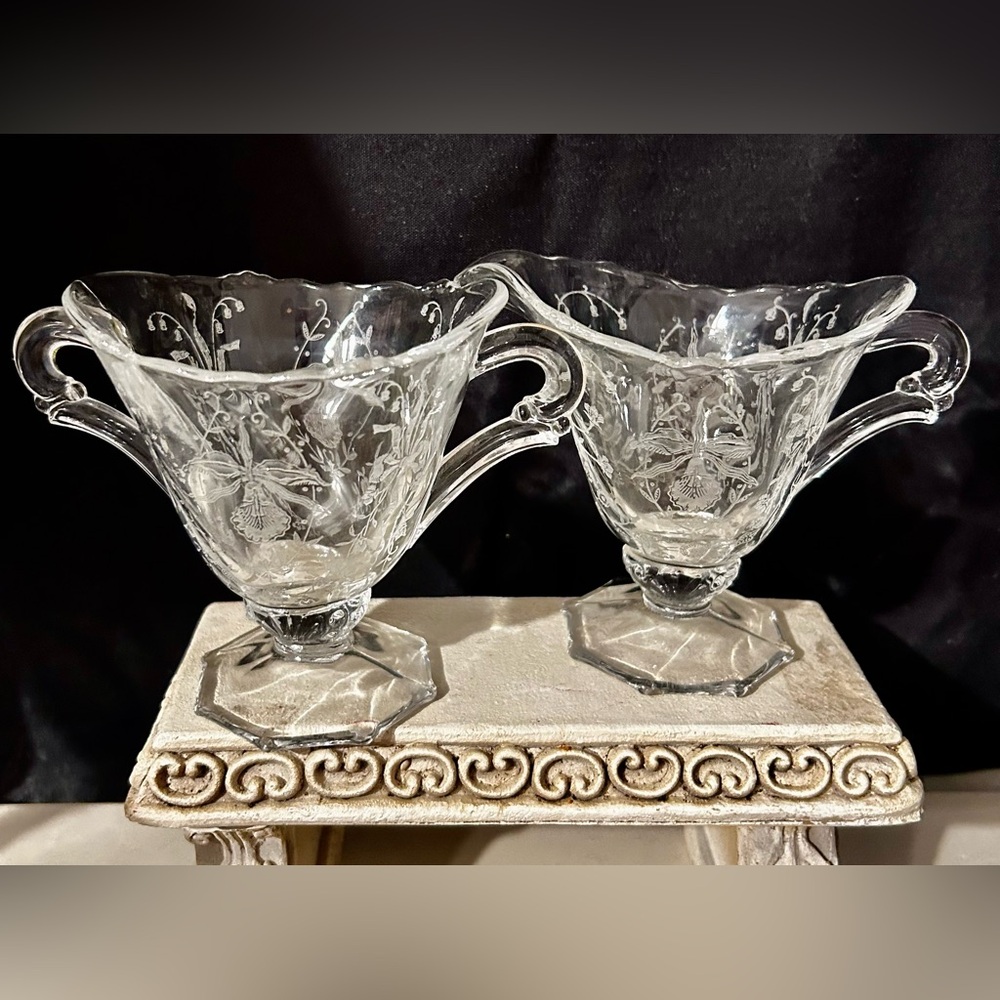 3 Heisey Orchid Etched Elegant Glass Creamer & Sugar Bowl and candy dish.